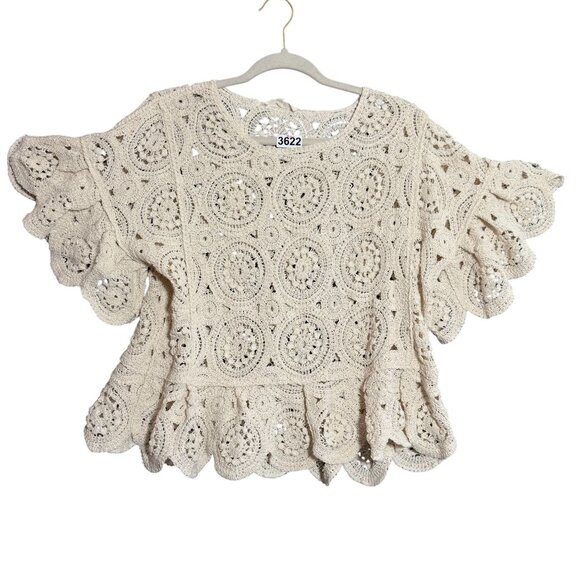 Solitaire Cotton Blend Crochet Medallion Top Women Small Cream Short Sleeve - Picture 1 of 5